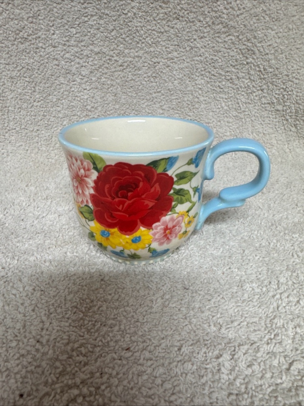The Pioneer Woman Red Floral Ceramic Mug with Blue Handle